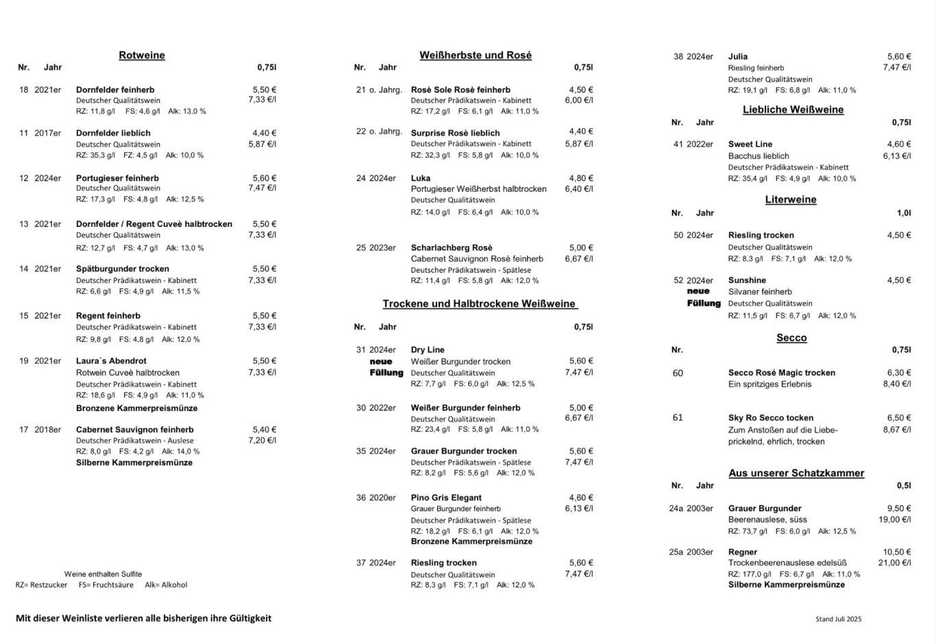 Weinpreisliste Bernhard Brunner Bingen-Kempten