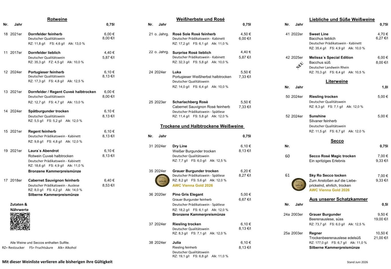 Weinpreisliste Bernhard Brunner Bingen-Kempten